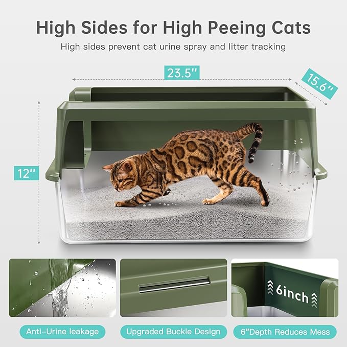 Enclosed Stainless Steel Cat Litter Box with Lid, XL Extra Large Litter Box for Big Cats, Metal Litter Pan High Sided, Never Absorbs Odors, Anti-Urine Leakage, Include Scoop (Green)