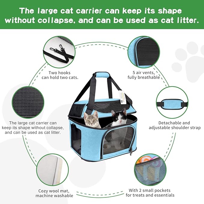 Large Cat Carrier for 2 Cats Soft Side Pet Carrier for Kitten Small Dog Collapsible Travel Small Dog Carrier, TSA Airline Approved Carrier for Large Cats 20 lbs, Blue