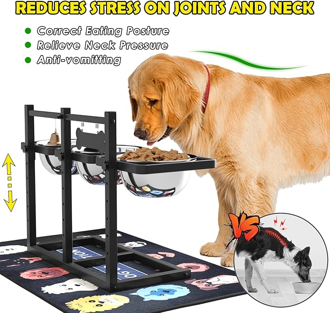 Elevated Dog Bowl Stand for Medium/Large Dogs with Slow Feeder & Mat, Adjustable Height 3.9'',5.5'',7.1'',8.7'',10.2'',11.8'', 58oz Raised Triple Dog Food Water Bowls