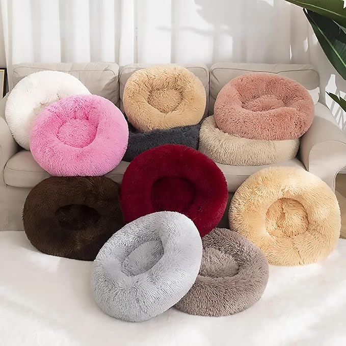 Calming Dog Bed for Small Dogs, Calming Donut Cuddler Pet Bed Anti Anxiety Round Dog Bed Fluffy Plush Faux Fur Cat Bed,Black+White,35.5IN