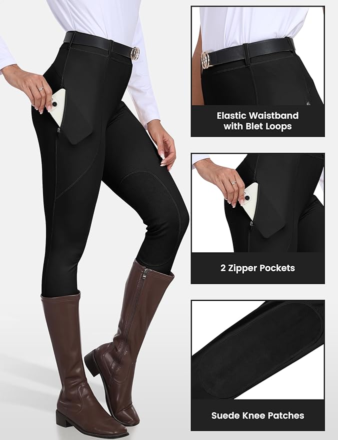 MoFiz Women's Horse Riding Pants Full Seat Silicon Knee-Patch Equestrian Breeches Horseback Schooling Tights Zipper Pockets