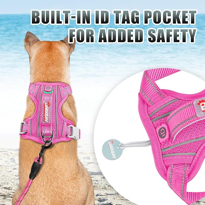 BARKBAY No Pull Dog Harness Large Reflective Dog Harness with Front Clip and Easy Control Handle for Walking Training Running with ID tag Pocket(Pink,L)