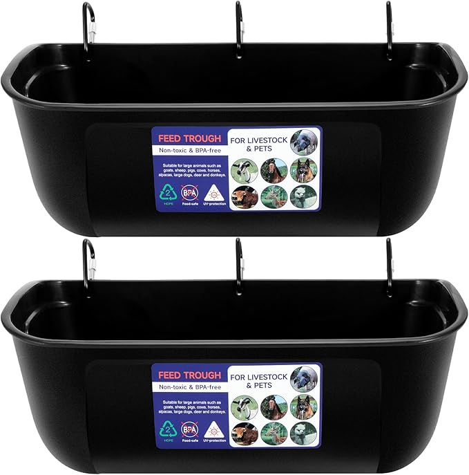 Goovilla Large Feed Trough, Hanging or Screw-in Fence Feeder with Clips, 2 Pack 9 Quart Goat Feeder Supplies, Dog Horse Hog Pig Livestock Poultry Plastic Feeder Trough Bucket for Large Animal, Black