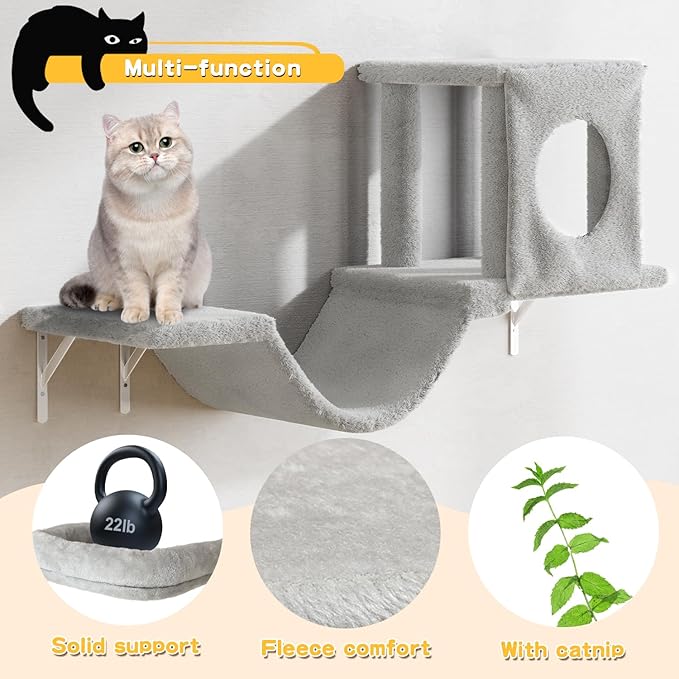 NUNU LAB Wall Mounted Cat Climber Set, 6 Pcs Cat Furniture Set with House, Bridge, Steps, Scratcher Board and Hammock, Shelves for Indoor, Luxury Walls Furniture(Gray)