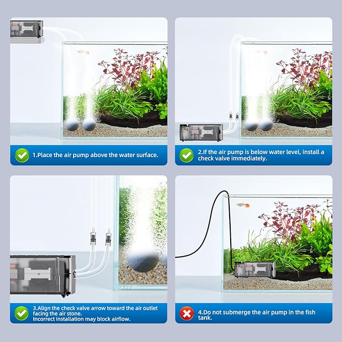 Fish Tank Air Pump,Ultra-Silent/Small Size/More Output Aquarium Air Pump 2w/57GPH/18Kpa,with Air Stone Bubbler,Adjustable Airflow,Dual Outlet,Suitable for 40-60 Gallon Fish Tank