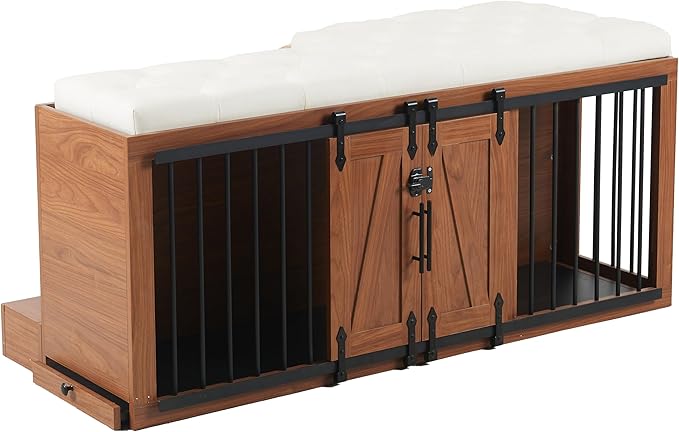 56" L Dog Crate Furniture with Padded Seat, End of Bed Bench Ottoman with Cushion, Wooden Dog Kennel with Pet Stairs & Sliding Barn Door for Bedroom, Living Room, Walnut