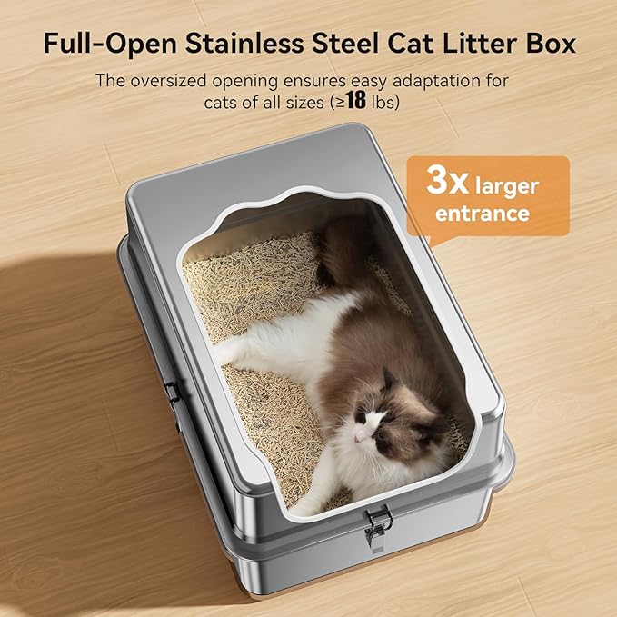 All-Metal 28" Extra Large Stainless Steel Cat Litter Boxes with Lid Metal Cat Litterbox Pan for Big Cats and Multiple Cats, Anti-Leakage, Easy Cleaning, Include Scoop