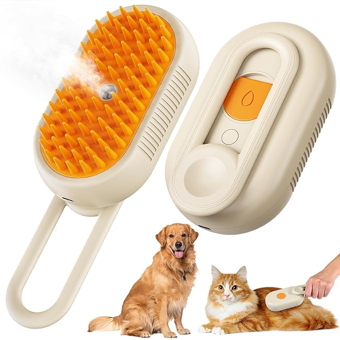 Cat Steam Brush for Shedding, 2025 New 3 in 1 Cat Brushes for Indoor Cats, Pet Steam Groomer Comb, Hair Water Brush Hair Removal Comb for Cats Dogs (Khaki)