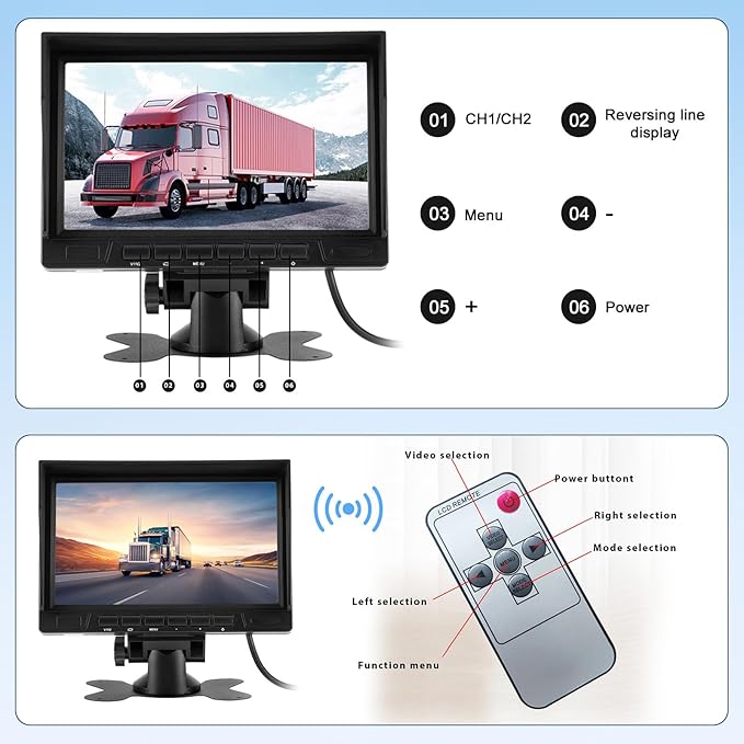 Wired AHD Backup Camera System, IP69 Metal Camera, Night Vision, 7" 1080P Monitor Kit with 15M Extension Cable and Remote Control for Trucks Buses Vans Trucks Trailers RVs Campers