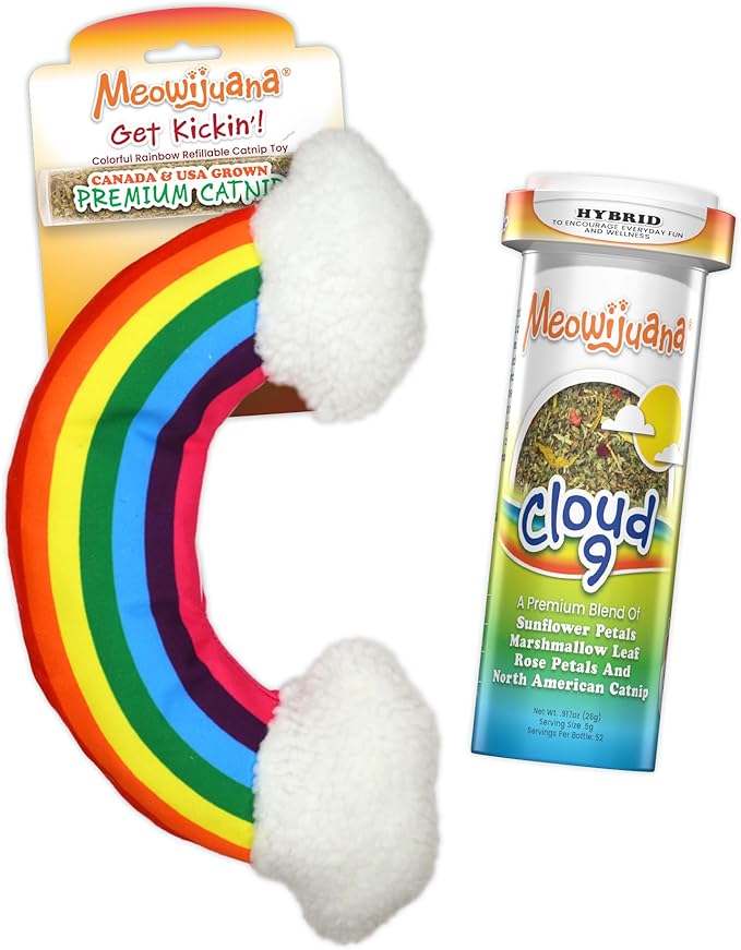Meowijuana Rainbow Bundle | Get Kickin' Refillable Rainbow Toy and Cloud 9 Catnip Blend | Promotes Play and Cat Health | Includes North American Organic Catnip