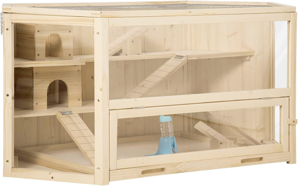 PawHut Wooden Large Hamster Cage Small Animal Exercise Play House 3 Tier with Tray, Seesaws, Water Bottle, Activity Center, Natural