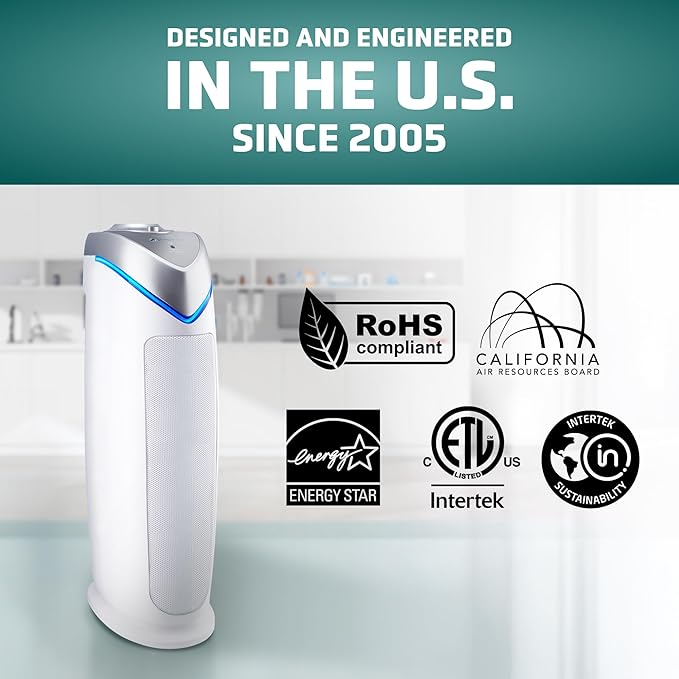 GermGuardian Air Purifier for Home with HEPA Pure Filter, for Wildfire Smoke, Pet Dander, Pollen, Odors, Large Rooms Up To 743 Sq. Ft., Removes 99.97% Pollutants, UV-C Light, 22", AC4825W, White