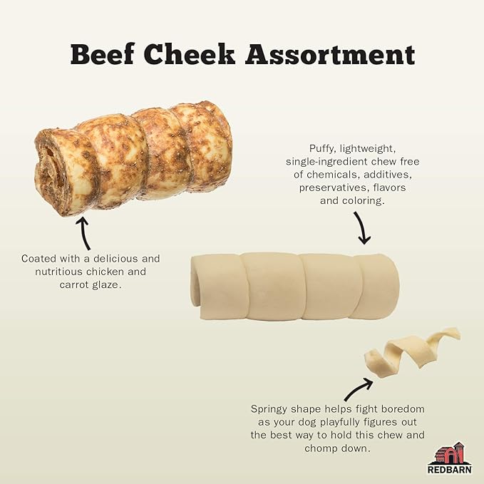 Redbarn Pet Products All-Natural Beef Cheek Rolls for Dogs, Grain-Free Cow Cheeks, Naturally Rich in Collagen, Available in Chicken & Carrot Glaze or Uncoated (Chicken & Carrot, Large (Pack of 12))