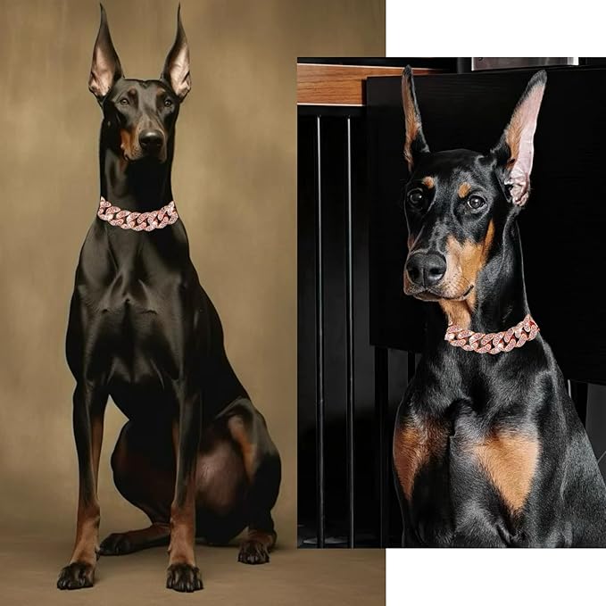 Cuban Link Cat Collar Rose Glod Crystal Dog Necklace Metal Chain Collar with Design Secure Buckle Pet Collar Jewelry Accessories for Small Medium Large Dogs Cats(Rose Glod 10inch)