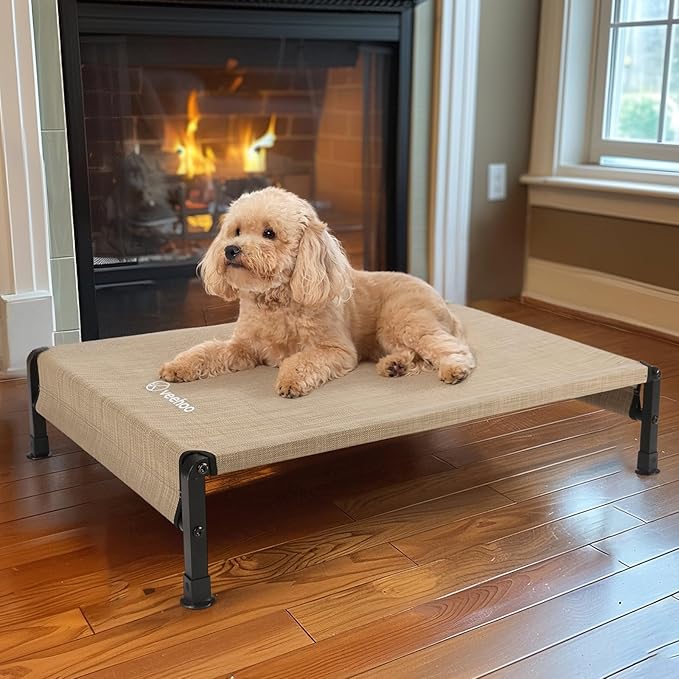 Veehoo Cooling Outdoor Dog Bed, Heavy Duty Elevated Pet Bed with Washable & Breathable Teslin Mesh, Non-Slip Silicon Feet, Dog Cot Bed with Support Hem, 29" x 18", Beige Coffee, CWC2433
