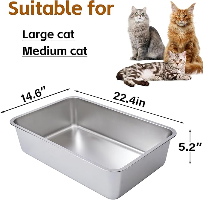 Stainless Steel Cat Litter Box-6" High Side Metal Litter Box,XLarge Stainless Steel LitterBox,Cat LitterBox for Big Cats or Rabbit，Puppy，Non Stick, No Smell, Easy to Clean