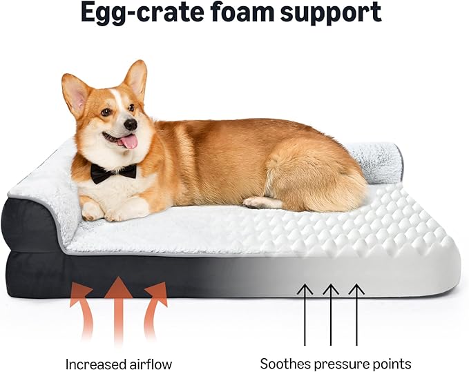 Amazon Basics Washable L-Shaped Dog Bed for Medium Dogs, Anti-Slip Pet Sofa Bed for Indoor Dogs, Crate Bed, 36x27x8 Inches, Gray