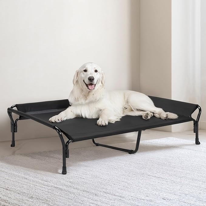 Veehoo Cooling Elevated Dog Bed, XL Raised Pet Cot with Guardrail & Slope Headrest, Durable Breathable Teslin Mesh, Non-Slip Feet, Washable Dog Couch Bed for Indoor & Outdoor, 50.5" x 33.5, Black