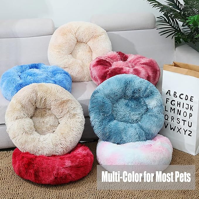 Calming Faux Fur Dog Beds Calming Donut Cuddler Dog Bed Washable Round Cat Bed Pillow Cuddler Fluffy Indoor Dog Calming Beds with Anti Slip Bottom Solid Color Champagne 23 Inch