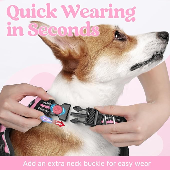 rabbitgoo Dog Harness for Large Dogs, No Pull Pet Vest with 3 Buckles, Adjustable Soft Padded Pet Harness with Easy Control Handle and Reflective Strips, Light Pink, XL