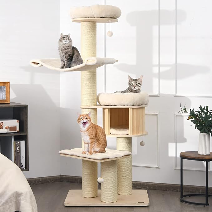 PETSITE 68.5" Tall Cat Tree, Multi-Level Modern Cat Tower with Sisal Scratching Posts, Top Perch, Cat Condo, Hammock, Jingling Balls, and Washable Cushions, Cat Tree Tower for Indoor Cats Large Adult