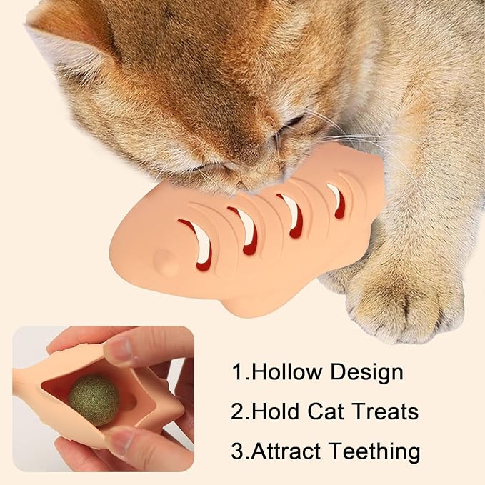 Cat Toys for Indoor Cats, Fish Shape Chew Catnip Toys for Teeth Clean, Food Grade Silicone Cat Enrichment Toy, Interactive Kitten Teething Toys with 1 Cat Nip Ball, Orange, 2 Pcs