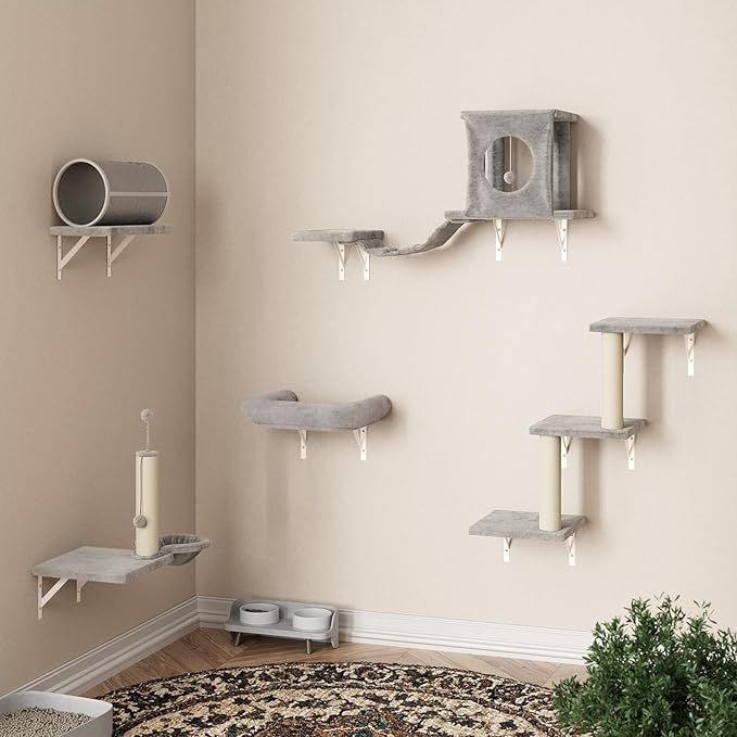NUNU LAB Cat Wall Shelves Set, 7 Pcs Wall-Mounted Cat Climber with Cat House, Tunnel, Bridge, Scratching Post, Hammock, Wall Shelves, Gray