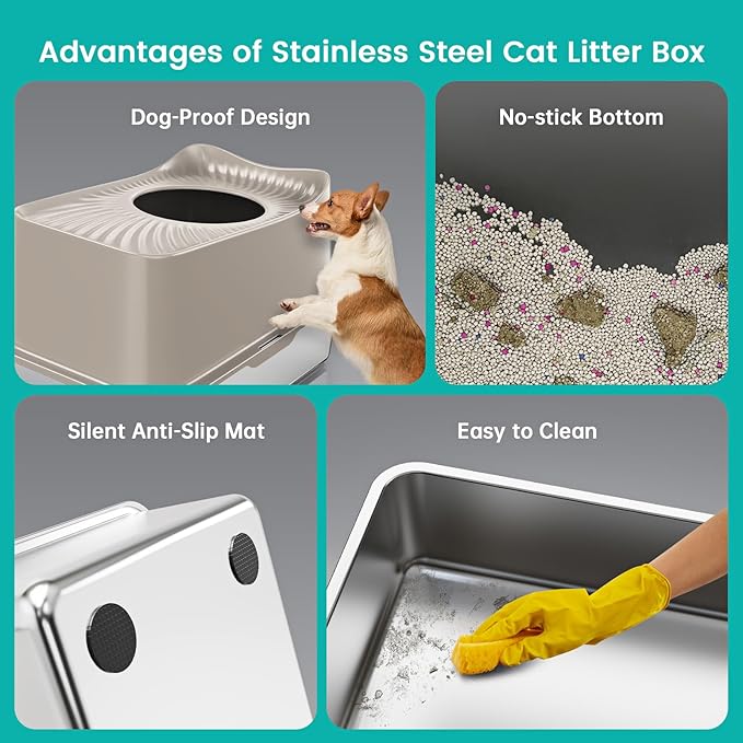 Stainless Steel Cat Litter Box, XL Top Entry Litter Box for Big Cats, Enclosed Large Cat Box with High Wall, Metal Cat Litter Pan Never Absorbs Odors, Easily Cleaning, Include Scoop