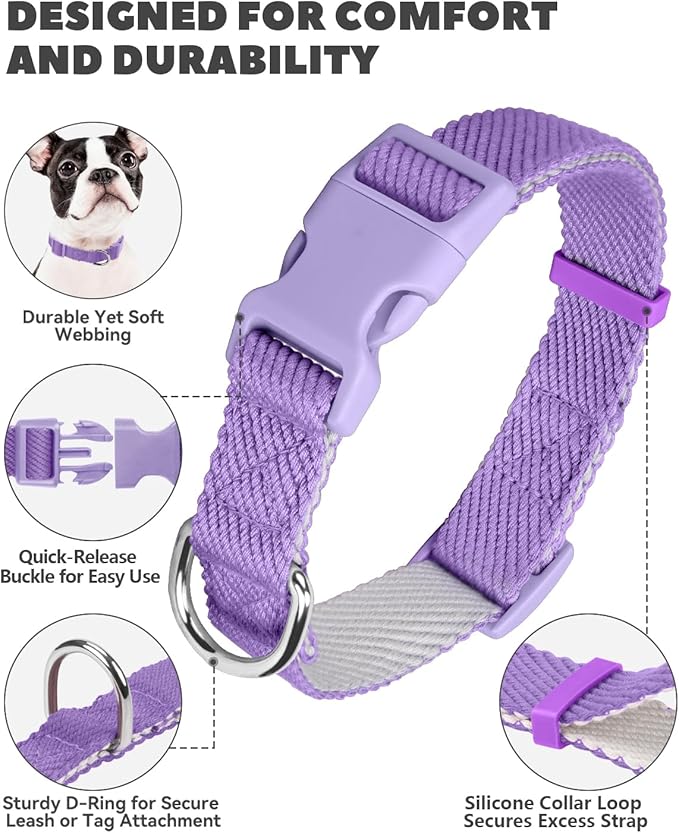 Dynmeow Soft and Breathable Cotton Dog Collar, Durable Adjustable Female Girl Pet Collar with Quick-Release Buckle, Lightweight for Sensitive Skin for Puppies and Extra-Small Dogs, Purple, Xs