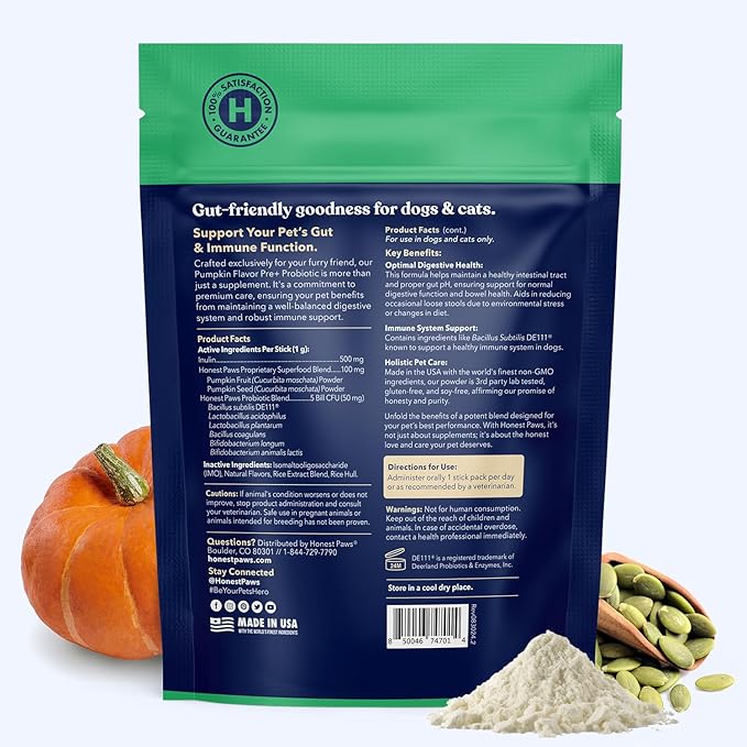 Honest Paws Probiotics for Dogs - Dog Digestion Gut Health Probiotic Powder with Prebiotic Made in The USA, Digestive and Immune Support - Digestive Enzymes with Pumpkin Flavor (30 Sticks)