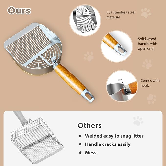 Cat Litter Scoop, Litter Scooper, Metal Cat Litter Scoop, Stainless Steel Cat Litter Scoop, Kitten Pooper Lifter, Kitty Metal Scooper with Holder for Cat Litter Box Strip Holes Easy Cleaning