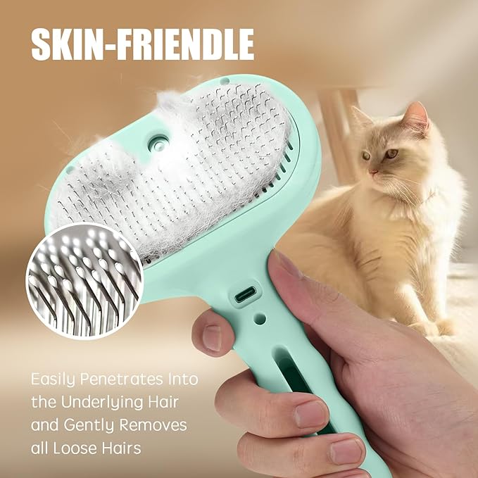 3-in-1 Pet Steam Brush, Grooming Comb with Water Tank for Cats and Dogs, Long and Short Hair (Green)