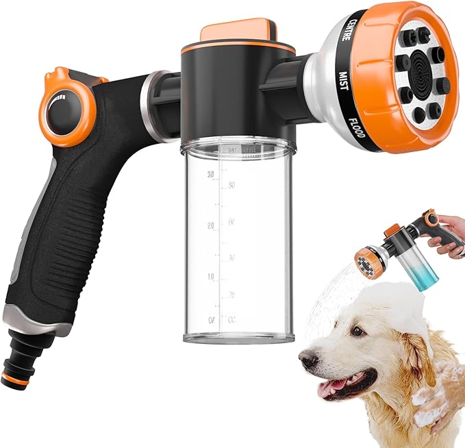 Upgraded Dog Washing Hose Attachment, Dog Shower Attachment, 8-in-1 Mode Dog Shampoo Sprayer with 3.5oz 100cc Soap Dispenser, for Pet Washing Irrigated Lawn Patio Car Cleaning
