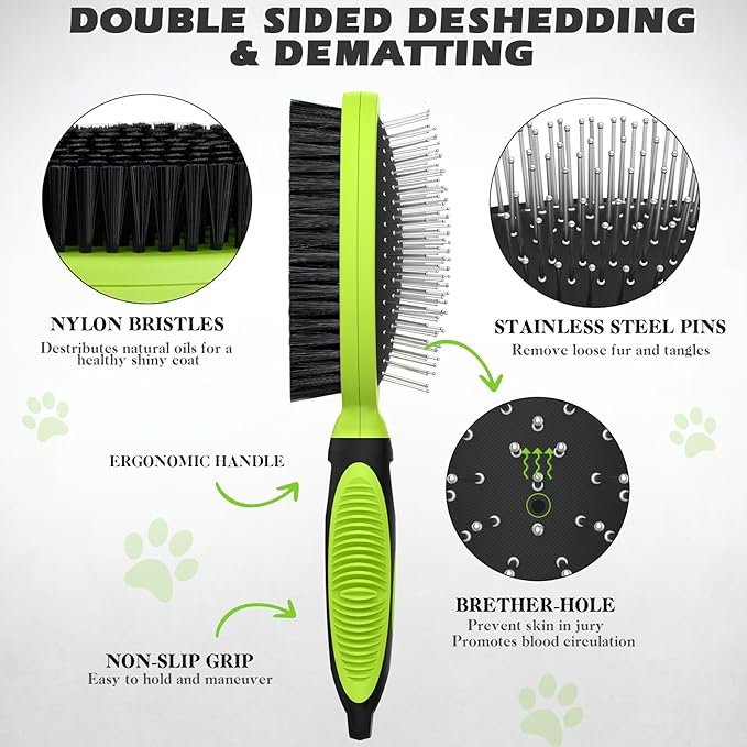 2PCS Pet Grooming Tools - Double-Sided Brush for Shedding and Bathing, Suitable for Short/Long Haired Dogs Cats and Horses, Deshedding Dog Brush, Mane & Tail Combs for Horses - Pet Supplies (Green)