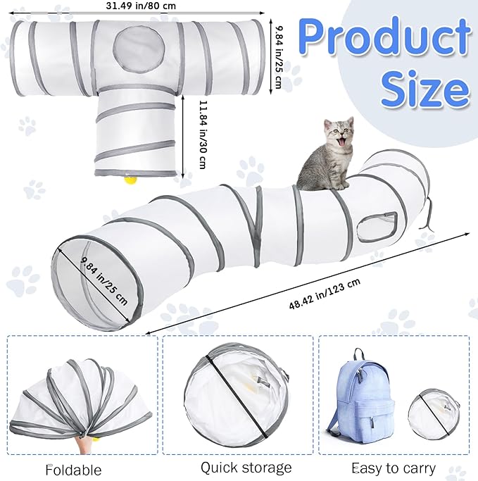 Wettarn 22 Pieces Cat Toys Set, with 2 Collapsible Tunnels for Indoor Cats and 20 Kitten Toys Tubes and Tunnels Interactive Feather Mouse Crinkle Balls for Pets Puppies(White)