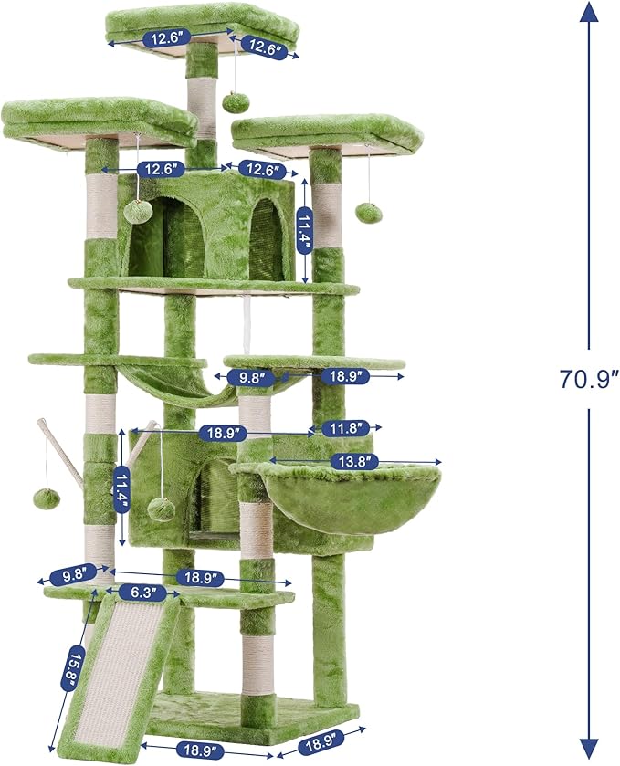 Hey-brother Cat Tree, 71 inches XL Large Cat Tower for Indoor Cats, Multi-Level Cat House with 3 Padded Perches, Big Scratcher, Cozy Basket, 2 Cat Condos and Scratching Posts, Green MPJ034GR