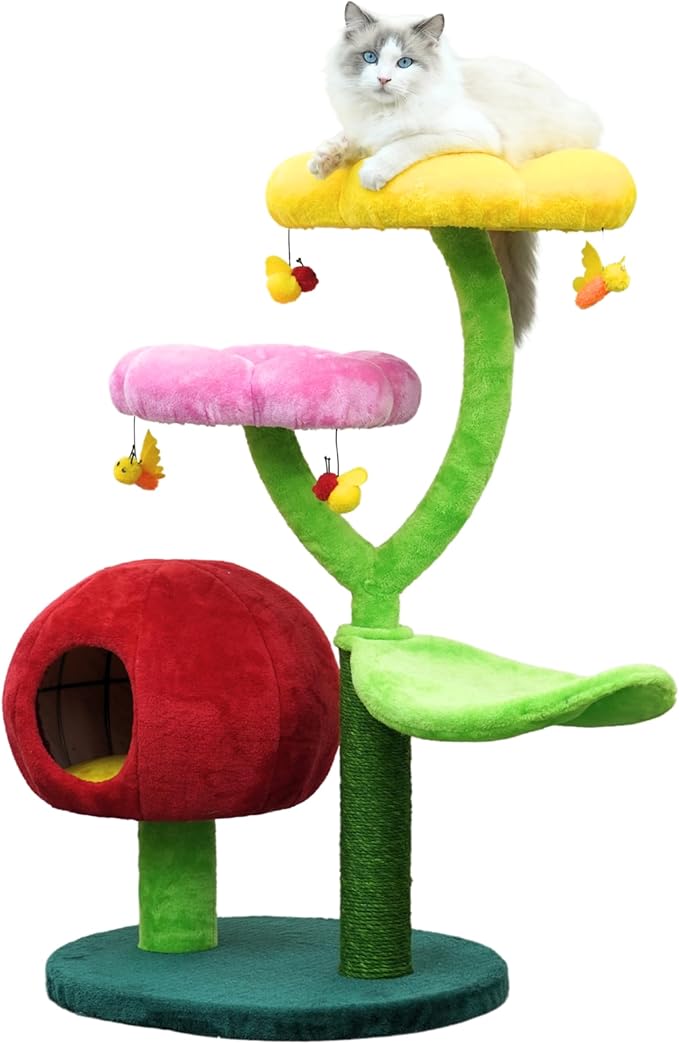 Catry 5-Level 40" Colorful Garden Style Cat Tree with Flower Perches, Leaf Hammock, Fruit Condo, Natural Sisal Scratching Post, Bee Toys, Parts Replaceable