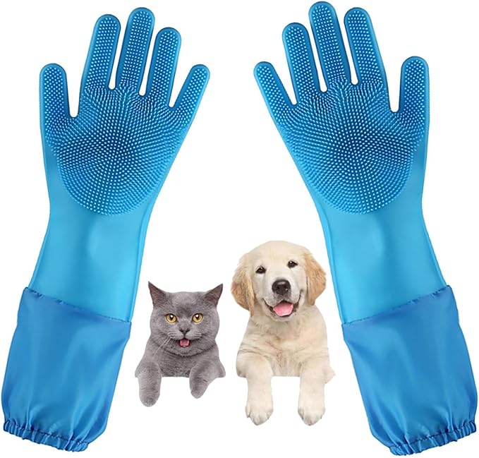 Dog Washing Gloves, Pet Grooming Gloves with Soft Brushes, Bathing and Massaging for Dogs and Cats, Silicone Heat Resistant Cleaning Gloves with High-Density Teeth (Blue)