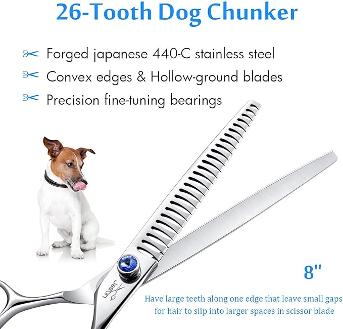 JASON 8" 26 Tooth Chunkers Shears for Dogs Ergonomic Cats Grooming Scissors Texturizing Blending Thinning Shear Pets Trimming Kit with Offset Handle Sharp Comfortable Scissor