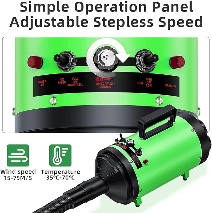 PetLife Professional 5.2HP Dog Dryer with Heater, high Velocity Dog Hair Dryer, Low Noise Grooming Blower for Dogs, Adjustable Pet Force Dryer for Home and Salon Use