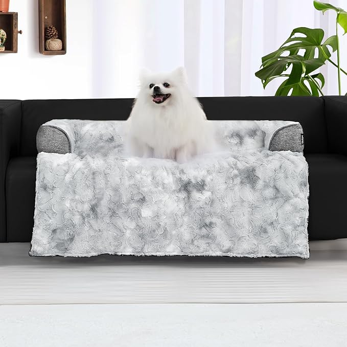 Calming Dog Couch Bed for Medium Dogs/Cats, 35 x 31 inch Waterproof Removable Pet Mat Couch Cover for Furniture Protector, Non-Slip Fluffy Pelsbarn Dog Bed for Couch, Sofa - Tie-Dye Grey