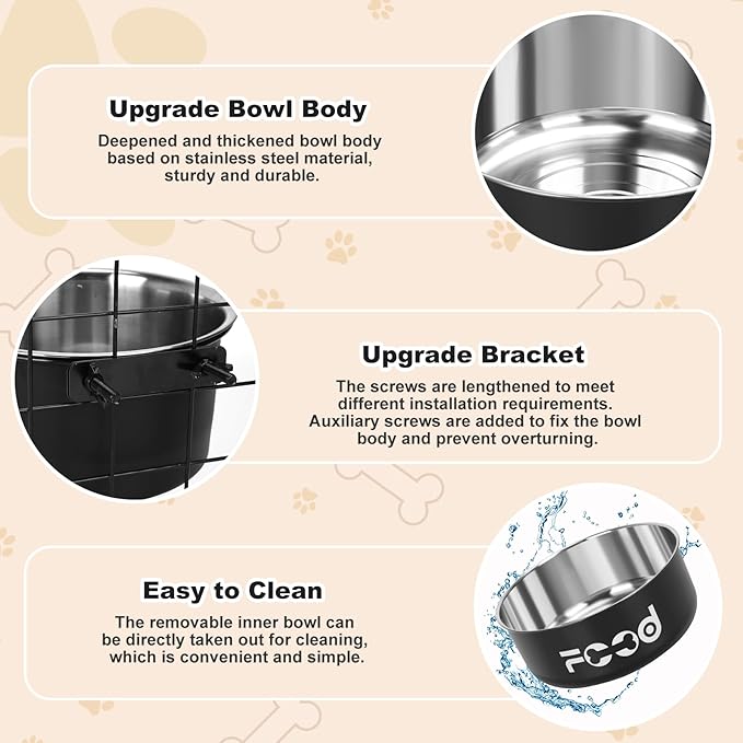 Crate Water Bowl No Spill for Large Dogs, Removable Stainless Steel Dog Bowls for Food and Water, Dog Kennel Hanging Wet and Dry Food Feeder for Medium/Large Pets, (7.1"x3.7" & 6.3"*2.6", Black)