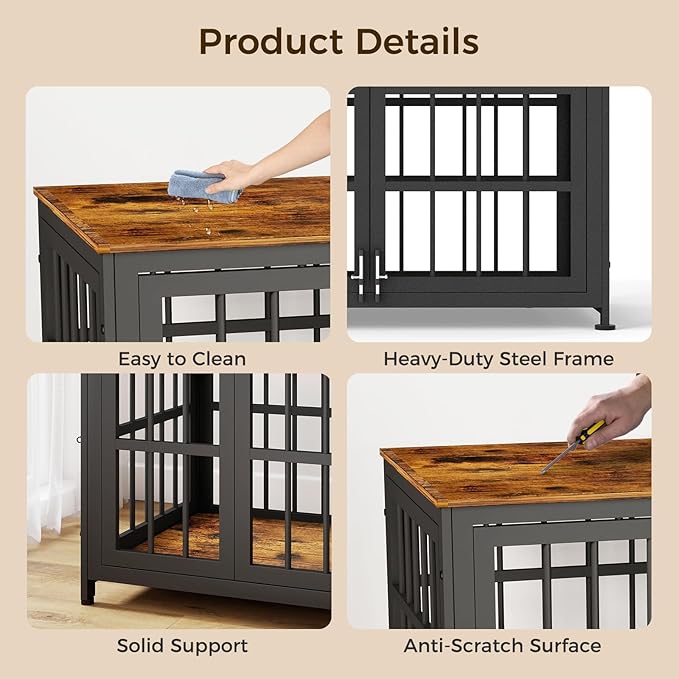 38 Inch Heavy Duty Wooden Dog Kennel End Table with Double Door Design and Secure Locks, Indoor Pet Crate Furniture for Medium Dogs, Decorative Home Cage Design,Aged Black