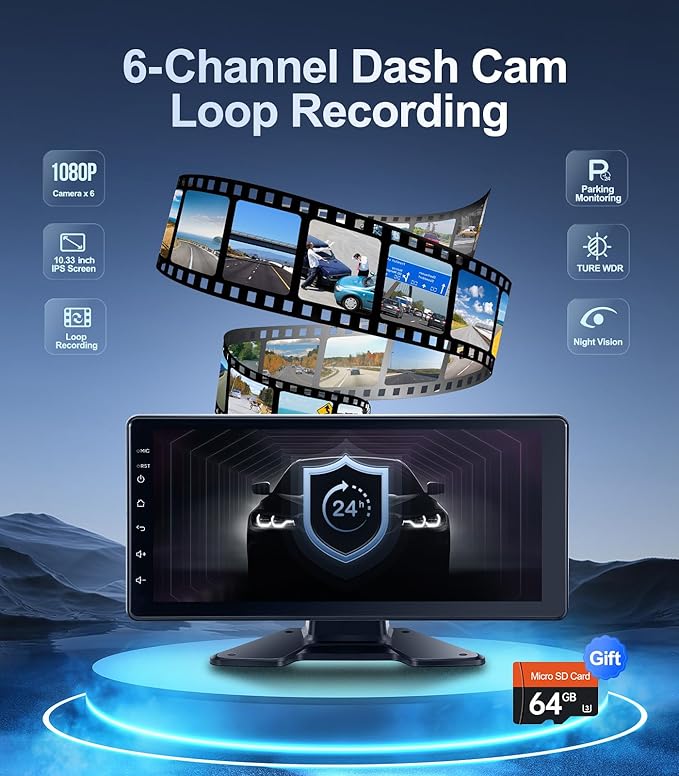 6-Channel Dash Cam 1080P Backup Camera System with 10.33 Inch Touch Parking Monitor,DVR Recording Back Up Camera for RV/Truck/Trailer/Van/SUV/Cars,Wireless Carplay/Android Auto/WiFi/Bluetooth/FM Radio