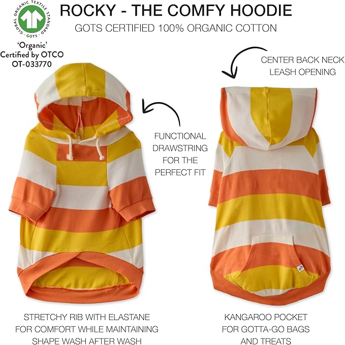 Rocky – The Orginal Lightweight Hooded TEE 100% Organic Cotton Dog Hoodie Pet Coat Sweater for Small, Medium, Large Dogs, Candy Corn, Large