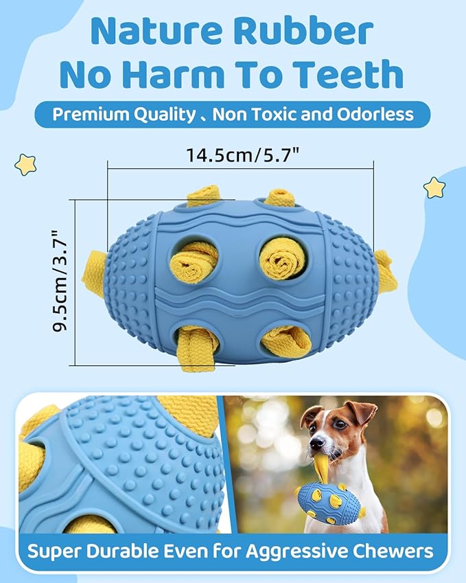 Interactive Dog Toy with Natural Rubber Soccer Design, Dental Care, Pet Energy Relief Brain Teaser Toy, Activity Training Foraging Toy, Mentally Stimulating Slow Feeder Dog Treat Dispenser Blue