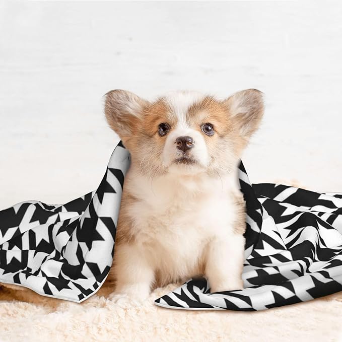 Double Sided Pet Mat for Dog Bed Topper Cat Blanket Furniture Protector, Black and White Houndstooth, Reversible Plush with Tactile Dot Pattern for Style Change
