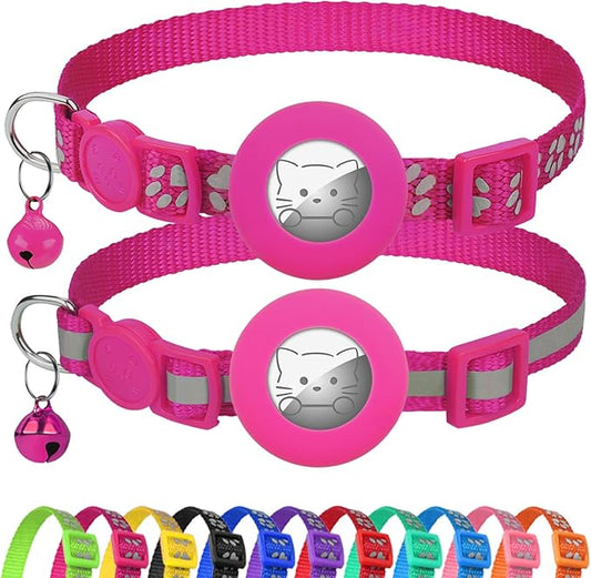 Joytale AirTag Cat Collar 2 Pack with Breakaway Safety Buckle, Reflective Cats Collar with AirTag Holder, Adjustable 7.5-12.5 Inch, Anti-Fraying Lightweight for Girl Boy Kitten, Hotpink