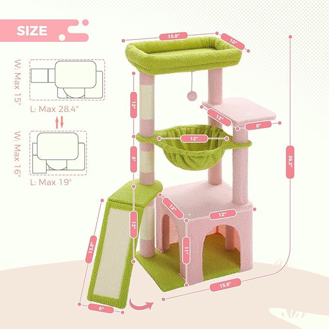 PEQULTI 36.5'' Cat Tree for Indoor Cats, Small Cat Tower with Large Condo, Cat Scratching Posts, Cozy Hammock and Scratching Ladder for Kittens, Pink