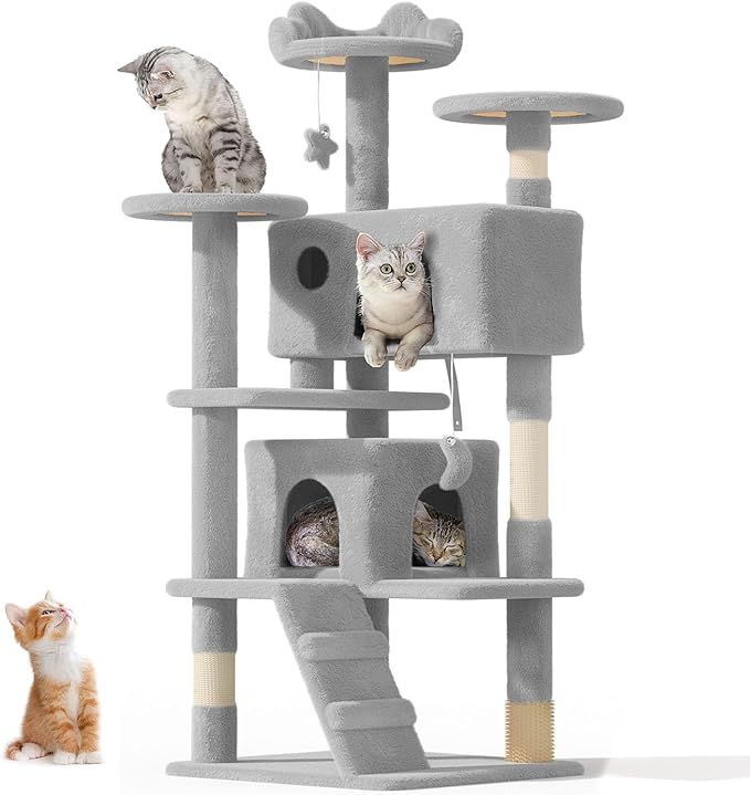 54" Cat Tree Tower for Indoor Cats Large Adult,Cute/Tall Modern Cat Tree for Big Cats 20 lbs, Plush Multi-Level Cat Condo with Scratching Posts, Dangling Ball for Fun (Light Gray, 54 inch)